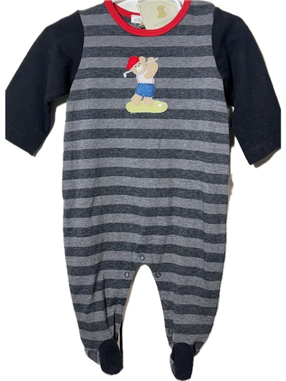 Victoria Kids 3m black gray stripe footed sleeper bear golf embroidered applique